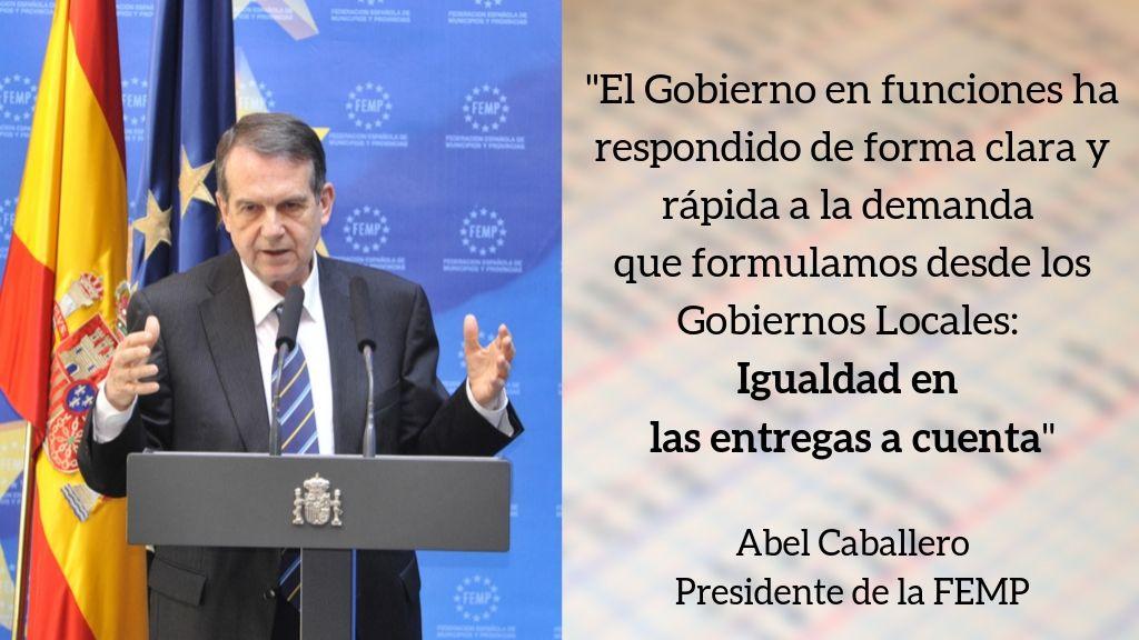 La FEMP, satisfecha con que los Gobiernos Locales reciban sus entregas a cuenta al mismo tiempo que las Comunidades Autónomas